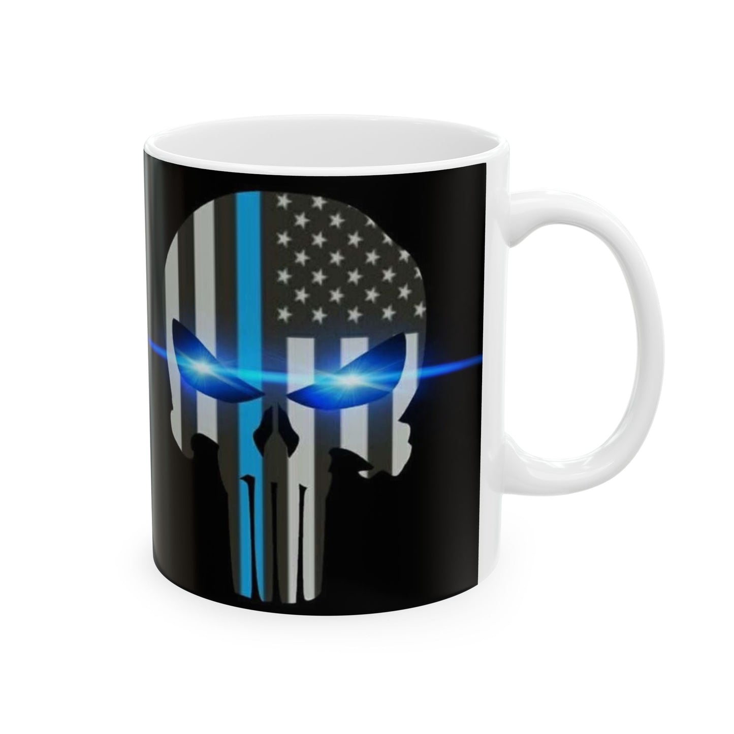 Right Side Print Thin Blue Line Skull Ceramic Mug, (11oz, 15oz)