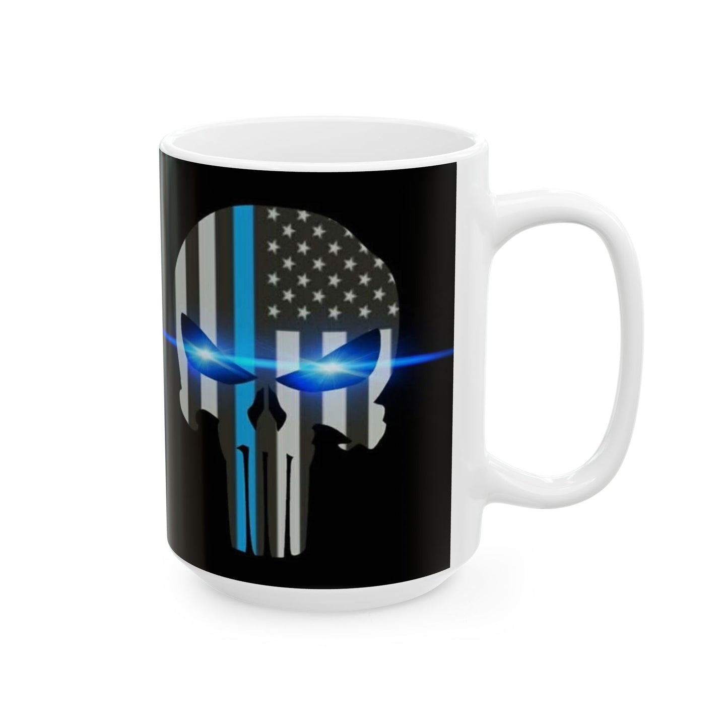 Right Side Print Thin Blue Line Skull Ceramic Mug, (11oz, 15oz)