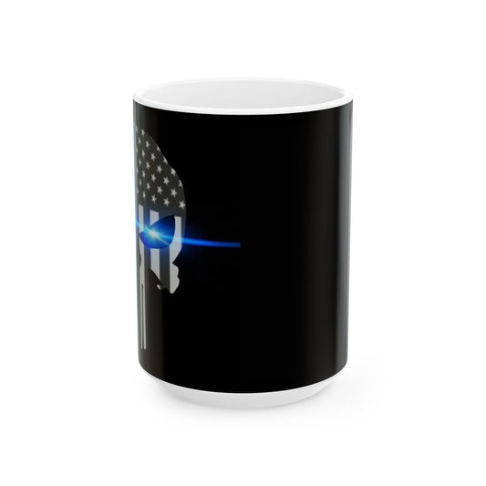 Left Side Print Thin Blue Line Skull Ceramic Mug, (11oz, 15oz)